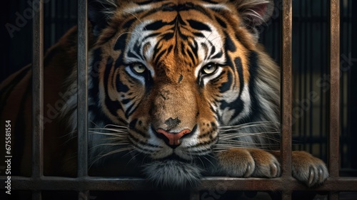 Tiger locked in cage. Lonely sick tiger in cramped jail behind bars with sad look. Concept of keeping animals in captivity where they suffer. Prisoner. Waiting for liberation. Animal abuse.