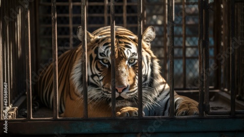 Tiger locked in cage. Lonely sick skinny tiger in cramped jail behind bars with sad look. Concept of keeping animals in captivity where they suffer. Prisoner. Waiting for freedom. Animal abuse.