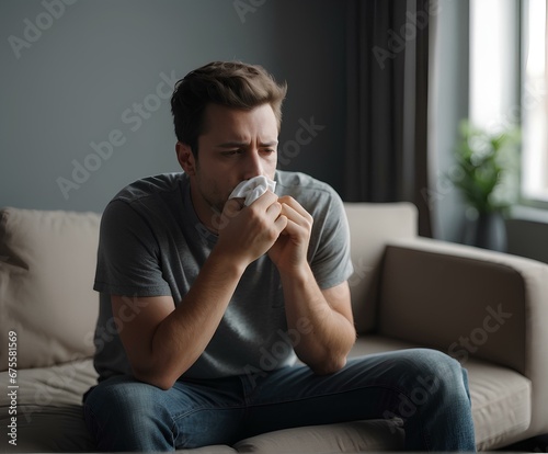 Healthcare at home: Young man battling illness, sitting with tissue