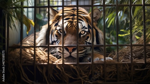 Tiger locked in cage. Lonely sick skinny tiger in cramped jail behind bars with sad look. Concept of keeping animals in captivity where they suffer. Prisoner. Animal abuse. Waiting for liberation.