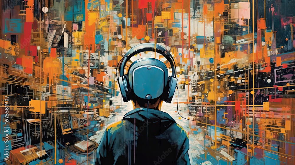 Painting of a boy wearing headphone facing splash of colors