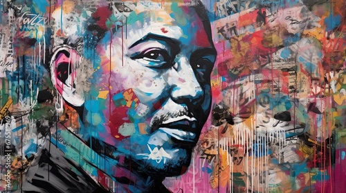 A colorful painting of a face of man in the style of street murals and graffiti.