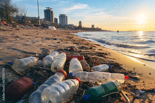 Garbage on the beach of a big city. empty used dirty plastic bottles. Dirty sea sandy shore. environmental pollution. Ecological problem © LunaKate