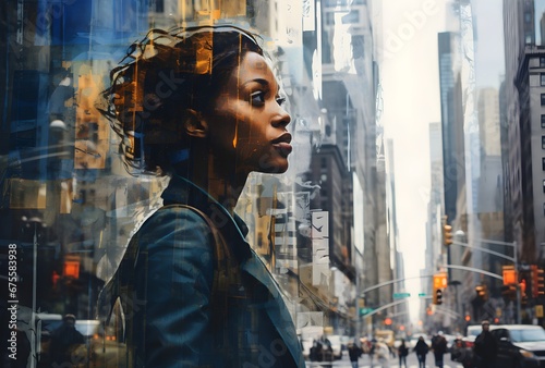 portrait of a woman against the background of a photo of New York, photo with double exposure, symbol of femininity, symbol of America © shustrilka