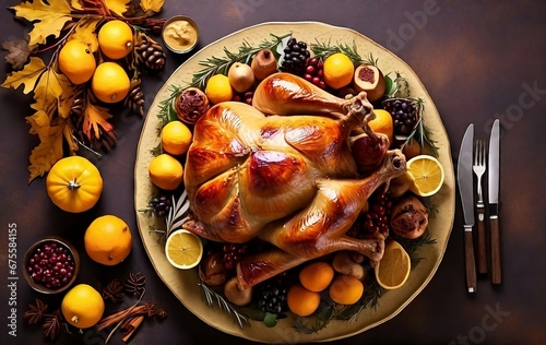 Thanksgiving day whole roast turkey and oranges on dark background, flat lay with copyspace, top view, fall food cooking thanksgiving  created with generative ai