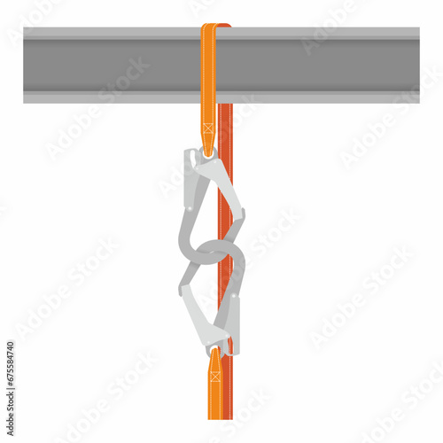 Two safety harness hook intertwined vector illustration. Working at height personal protective equipment improper anchorage method. Unsafe condition
