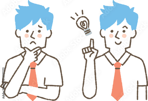 悩んでいる男子学生と解決した男子学生_色