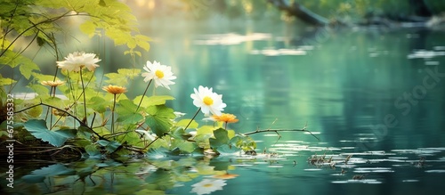 In the isolated green garden surrounded by the beauty of nature a white floral background with vibrant autumn colors brightened the summer and spring season as the water gently flowed throu