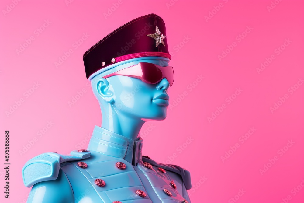 Fototapeta premium Close up portrait of a mannequin doll, woman soldier in uniform with sunglasses. Minimal concept of women's army forces historical fiction or anti-war and fashion campaign, pastel colors, pink, blue