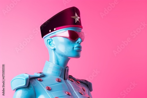 Close up portrait of a mannequin doll, woman soldier in uniform with sunglasses. Minimal concept of women's army forces historical fiction or anti-war and  fashion campaign, pastel colors, pink, blue photo