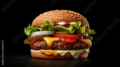 delicious and fresh burger on black background view photo