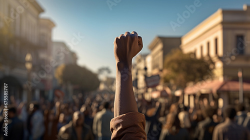 Raised arm with clenched fist, black African American activism, fighting against racism and human rights for equality and social justice protest