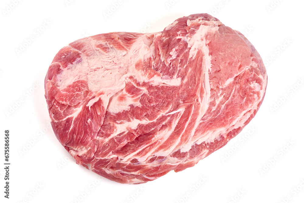 Raw pork shoulder butt, isolated on white background.