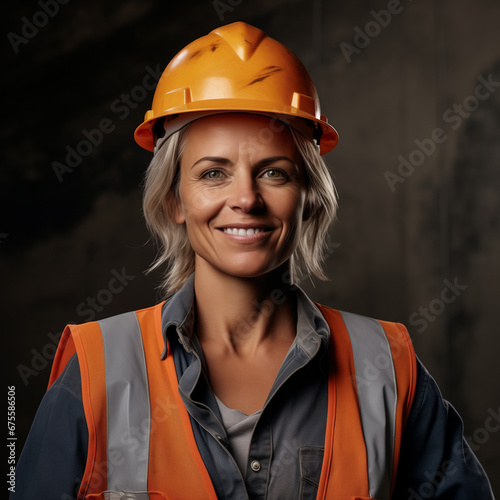 woman working on a construction site, construction hard hat and work vest, smirking, middle aged or older