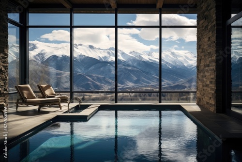 Swimming pool overlooking snow-capped mountains