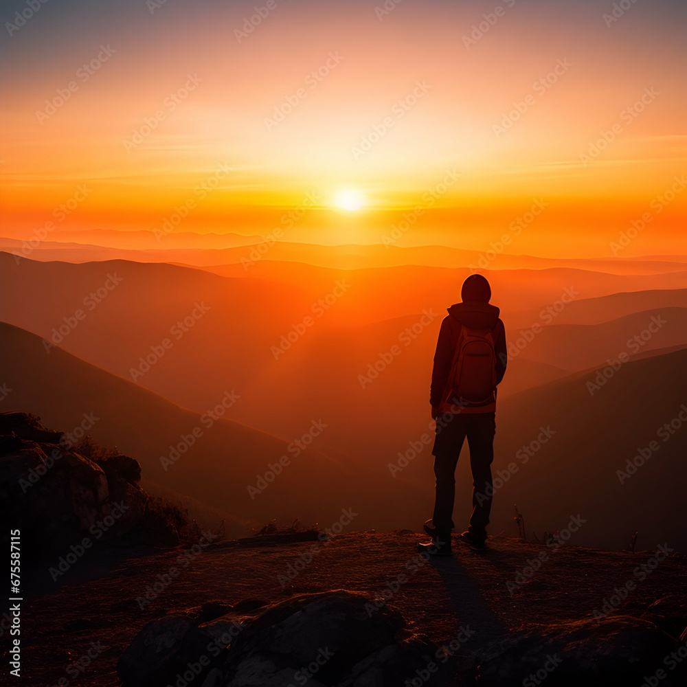 silhouette of a man on a mountain top, summer 