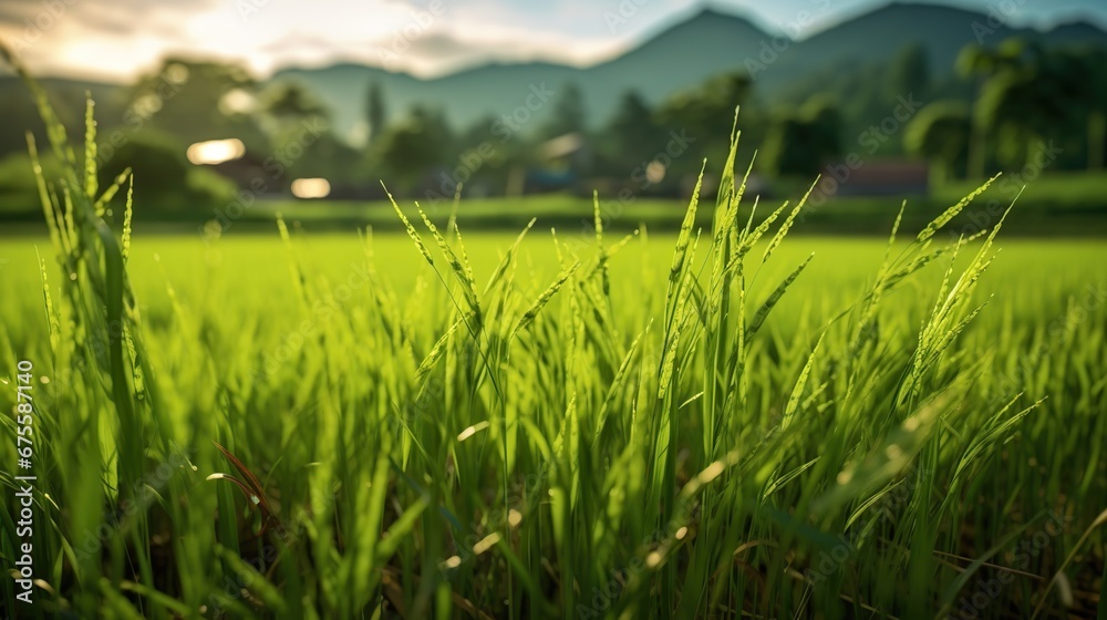 Vast Green Rice Fields with Mountain Background under Blue Sky.
