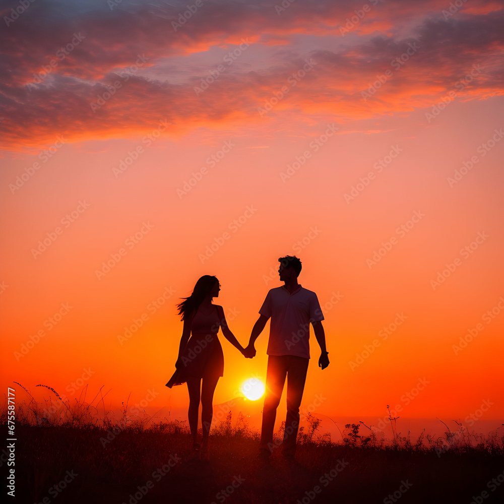 silhouette of a couple walking on a sunset, summer 