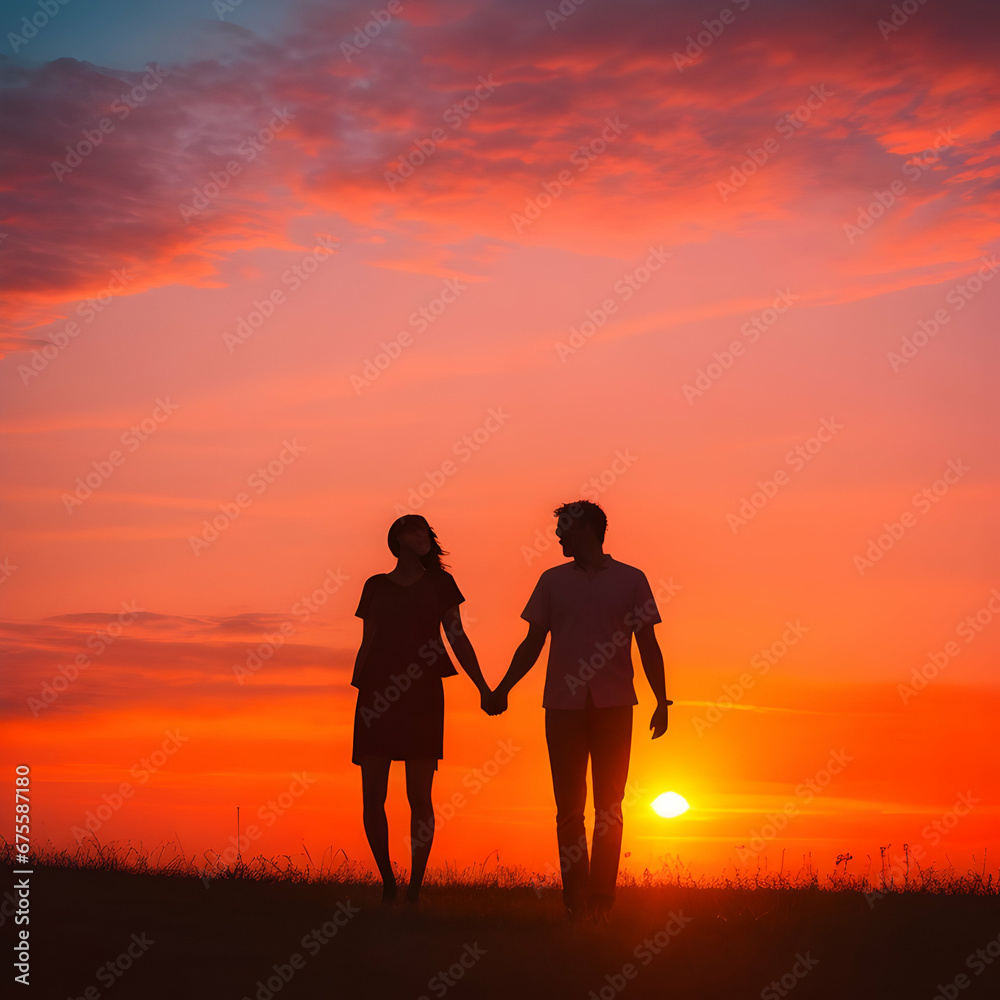 silhouette of a couple walking in the sunset