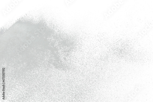 Photo image of falling down snow, heavy big small size snows. Freeze shot on black background isolated overlay. Fluffy White snowflakes splash cloud in mid air. Real Snow throwing photo