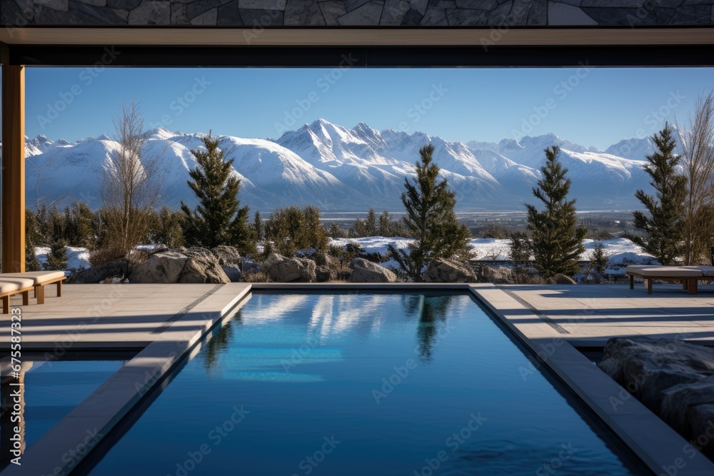 Swimming pool overlooking snow-capped mountains