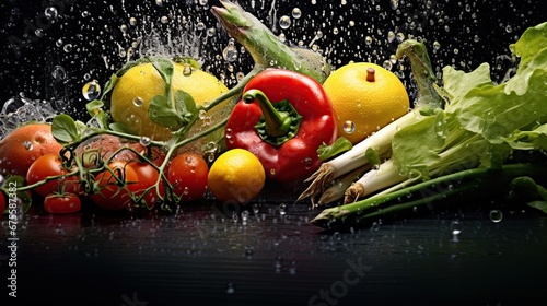 fresh vegetables  fruits and splashes of water  on a dark background  High resolution collage for skinali