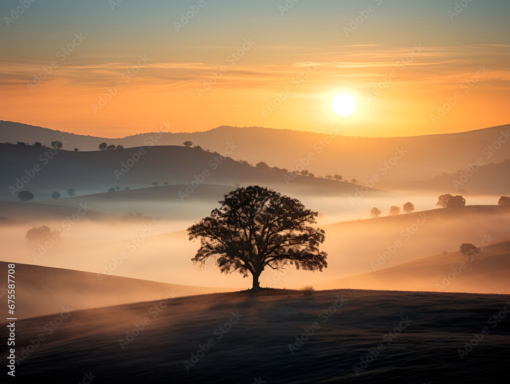 hazy sunrise over rolling hills hazy sunrise over rolling hills