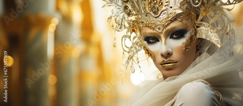 A woman with a gold painted face and a white artfully designed carnival costume stands against a luxurious background at a Halloween party in Italy where the concept of beauty and celebrati