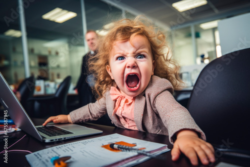 Turbulent Workplace. Angry Toddler Girl Sitting in Office with Frustrated and Failed Boss. Unruly Office Atmosphere concept. AI Generative photo