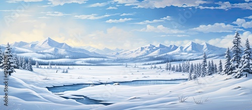 The winter landscape in Montana s outback is transformed into a stunning snow painting adorned with majestic mountains creating a breathtaking scenery for outdoor enthusiasts in the USA photo