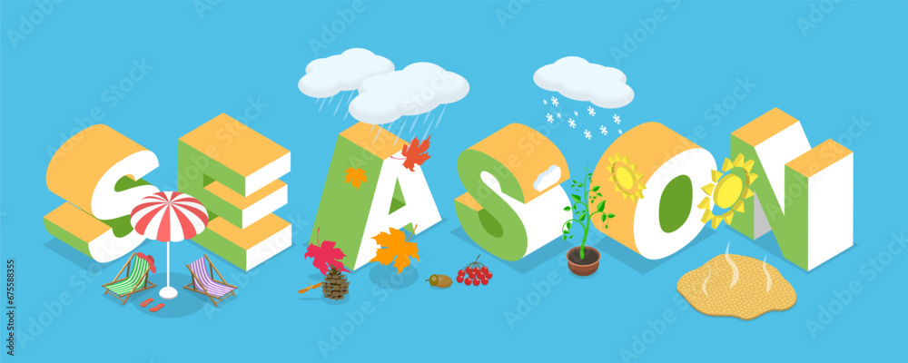 3D Isometric Flat Vector Illustration of Seasons Banner, Spring, Summer, Autumn, Winter