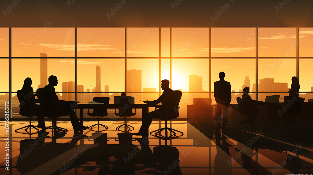 Silhouettes of business people sitting and walking in office at a ...