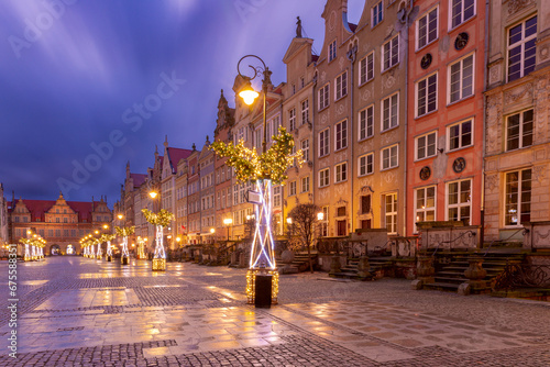 Christmas tree and illumination on Long Market Street at night in Old Town of Gdansk, Poland