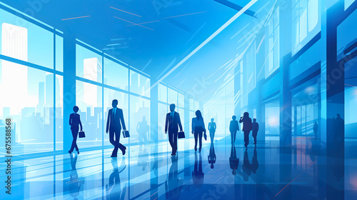 Silhouettes of business people in elegant suits walking in busy hall, going to their job. Vector illustration, tall city buildings silhouettes in the background