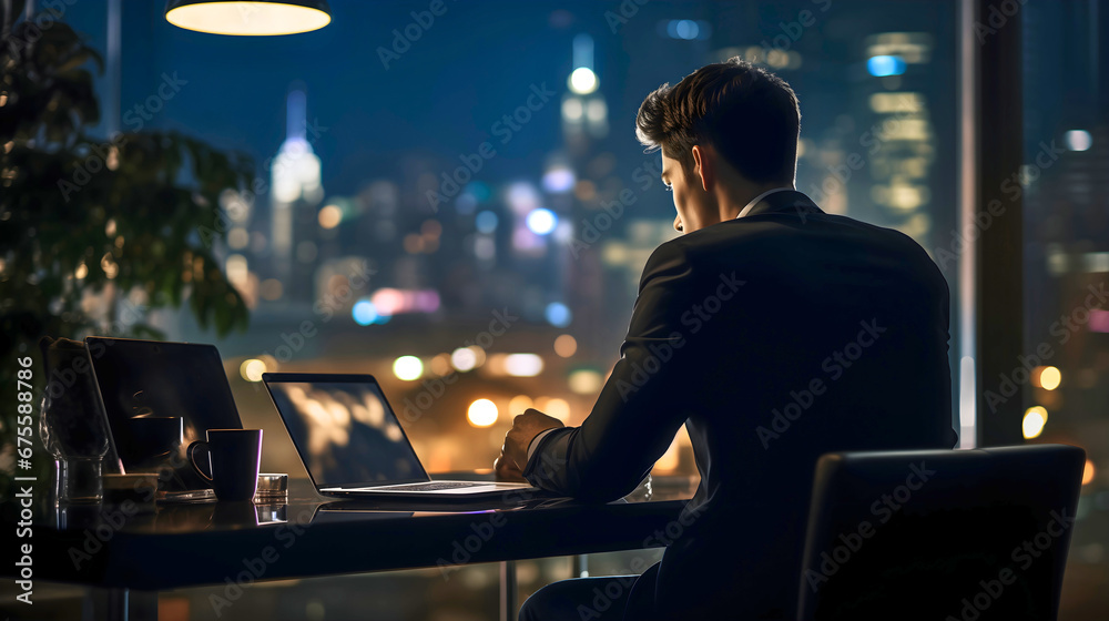 Rearview photography of young and handsome businessman working on his laptop late at night in the office, bokeh background, blurred tall city buildings with night lights