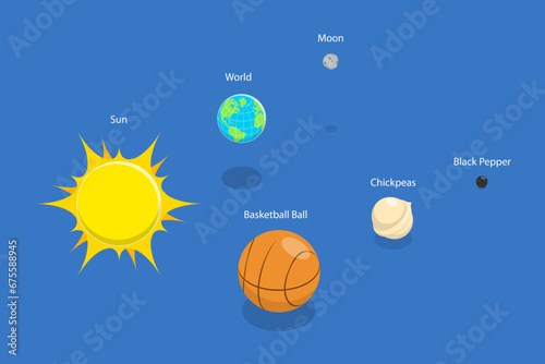 3D Isometric Flat Vector Illustration of Sun, Earth, Moon Size Comparison, Solar System Planets