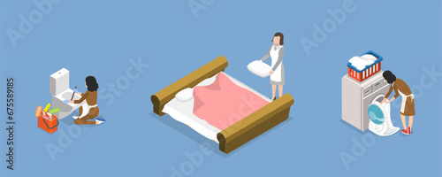 3D Isometric Flat Vector Illustration of Hotel Housekeeping, Hostel Establishment Services