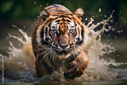 Wild Bengal tiger running through the dirty jungle river, splashing the water drops in the air. Focus on tiger's face, and blurred green vegetation in the background