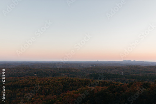 Sunset in the mountains in autumn. Landscape with mountains and picturesque sky at dawn. Horizon. Bird s eye view panorama. Bald Rock  Great Smoky Mountain National Park  South Carolina  USA