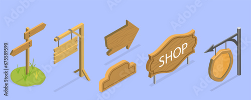 3D Isometric Flat Vector Set of Signboard Collection, Wooden Billboards