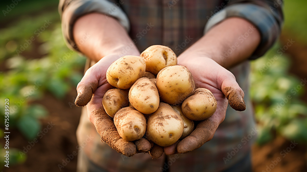 Gardener's hands holding potato in potato farm, happy farmer and organic vegetables Gardener's hands holding potato in potato farm, happy farmer and organic vegetables
