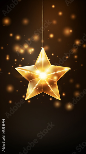 goldener leuchtender Stern mit Lichteffekten auf dunklem Hintergrund und mit Platz f  r Text. Hochformat. Hochkant. Generative Ai.