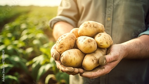 Gardener's hands holding potato in potato farm, happy farmer and organic vegetables