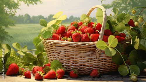 strawberries on basket in field or garden in the morning, organic food