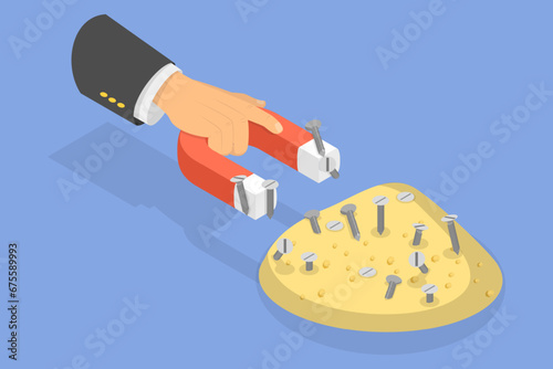 3D Isometric Flat Vector Illustration of Separating Iron Filings from Sand with a Magnet, Magnet Horseshoe