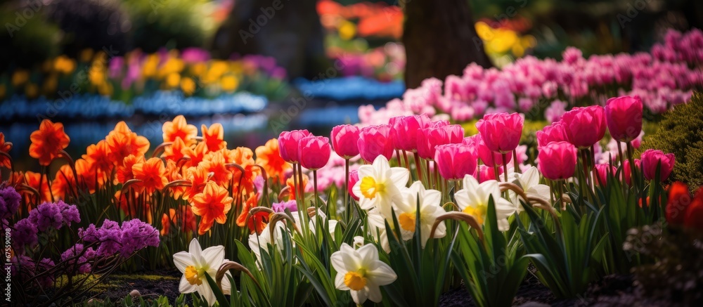 In the background of a stunning garden vibrant spring flowers add a burst of colorful beauty to the natural surroundings creating a breathtaking floral display