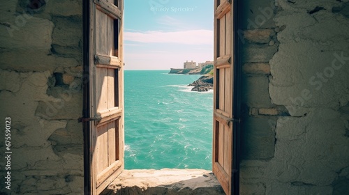 View of the blue sea and endless sky with clouds through an old window  © Faisal