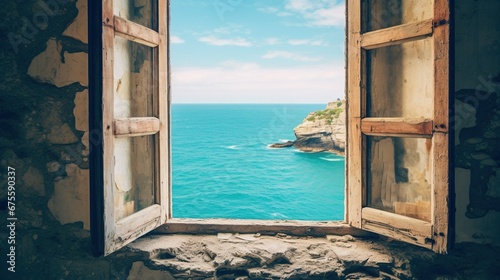 View of the blue sea and endless sky with clouds through an old window  © Faisal