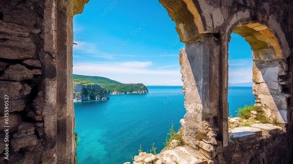 Fototapeta premium Sea view through an old window 