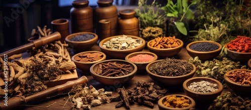 Traditional medicine with herbs and spices  for medicine advertising  traditional medicine content photography.